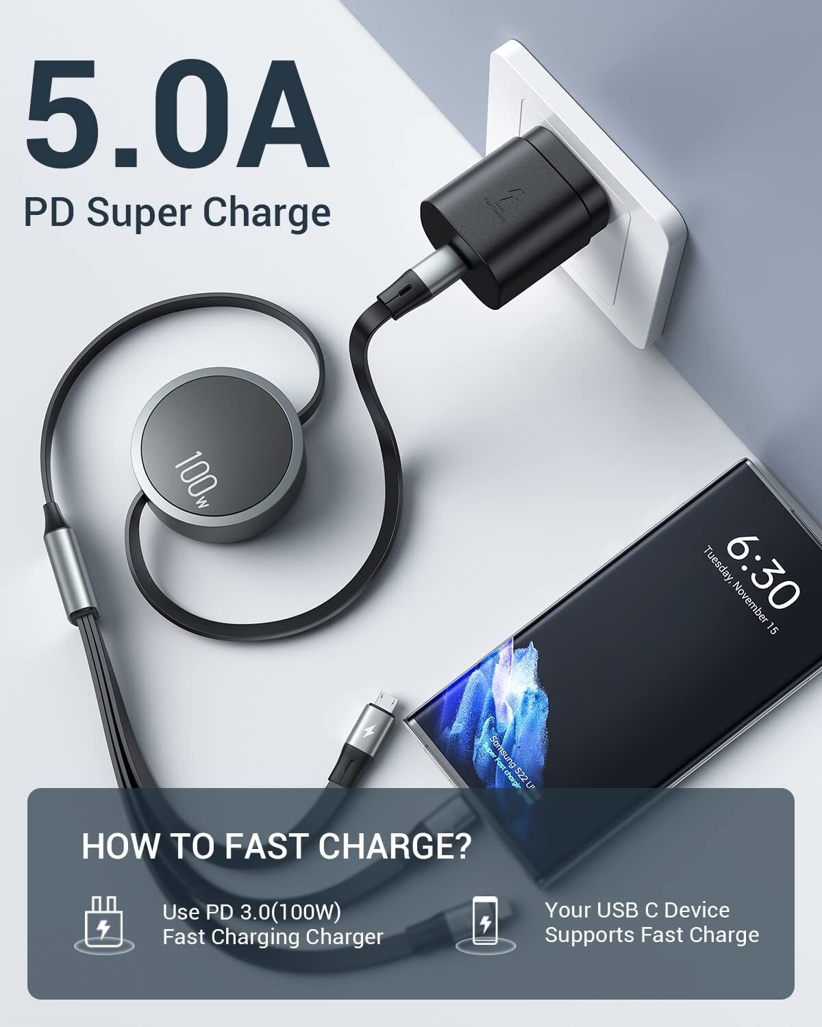 USB-C Cable 100W PD Super Fast Charging Cable 3 in 1 Retractable Charging Cable USB-C Cable 100W PD Super Fast Charging Cable 3 in 1 Retractable Charging Cable