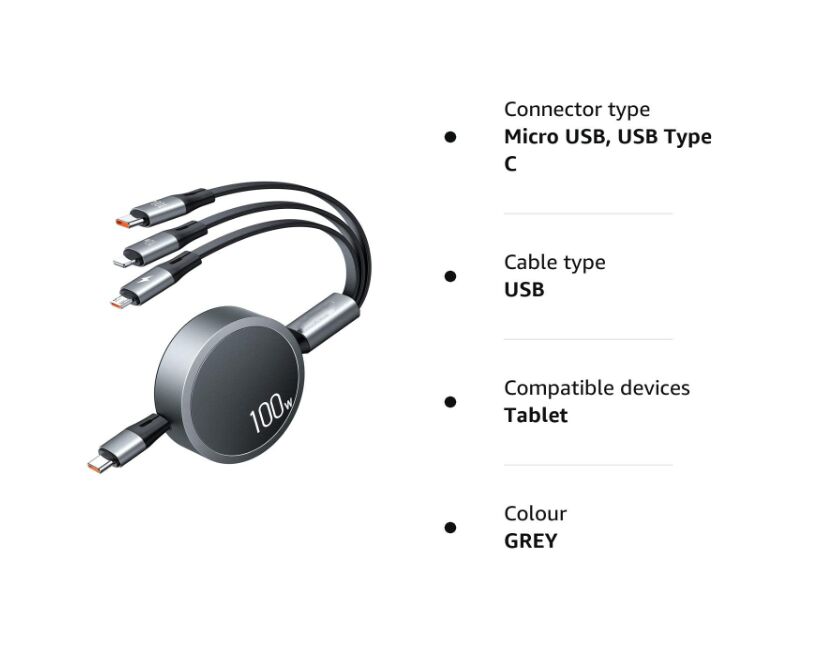 USB-C Cable 100W PD Super Fast Charging Cable 3 in 1 Retractable Charging Cable USB-C Cable 100W PD Super Fast Charging Cable 3 in 1 Retractable Charging Cable